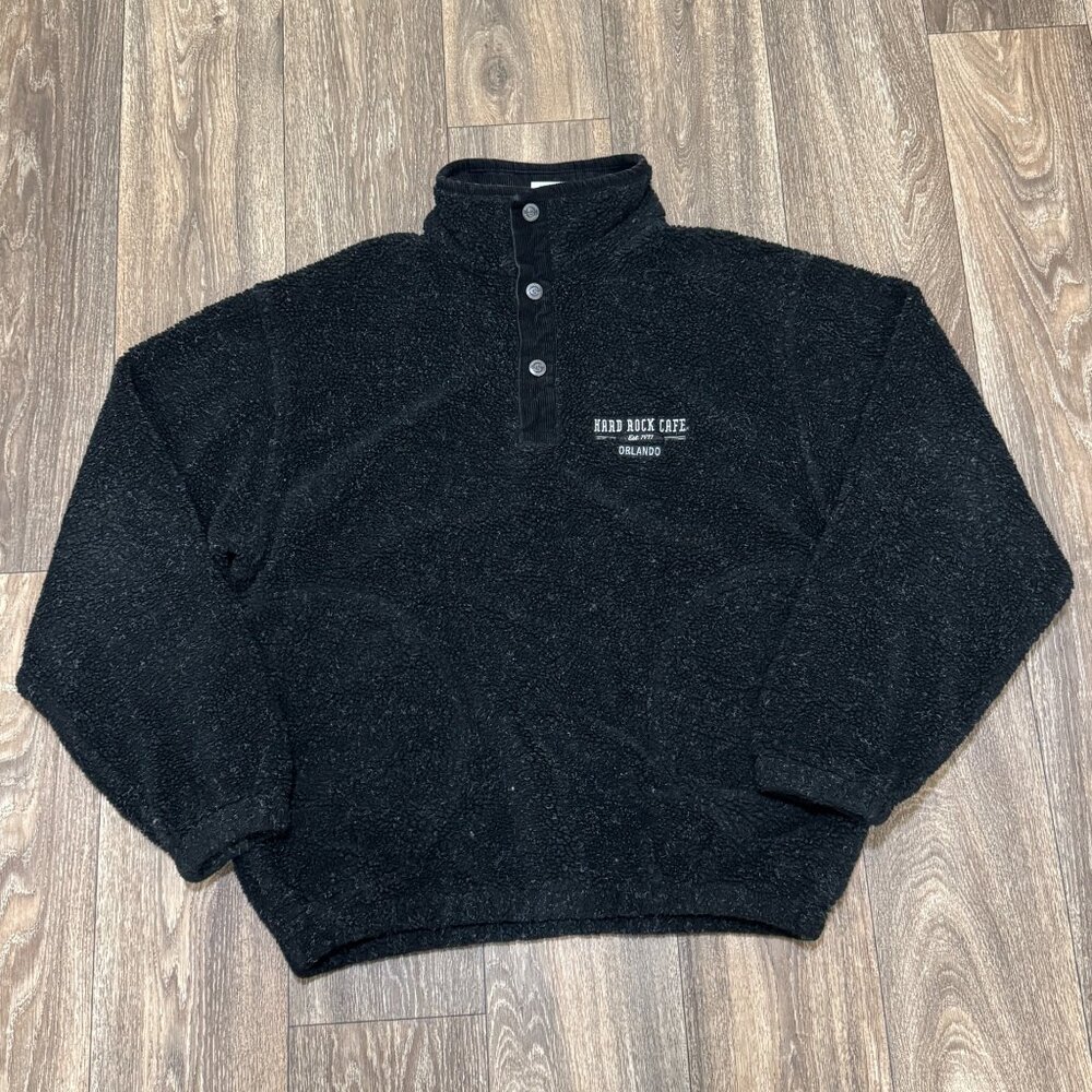 VTG Hard Rock Cafe Fleece Pullover Men's Large Black Snap Button Orlando 90s